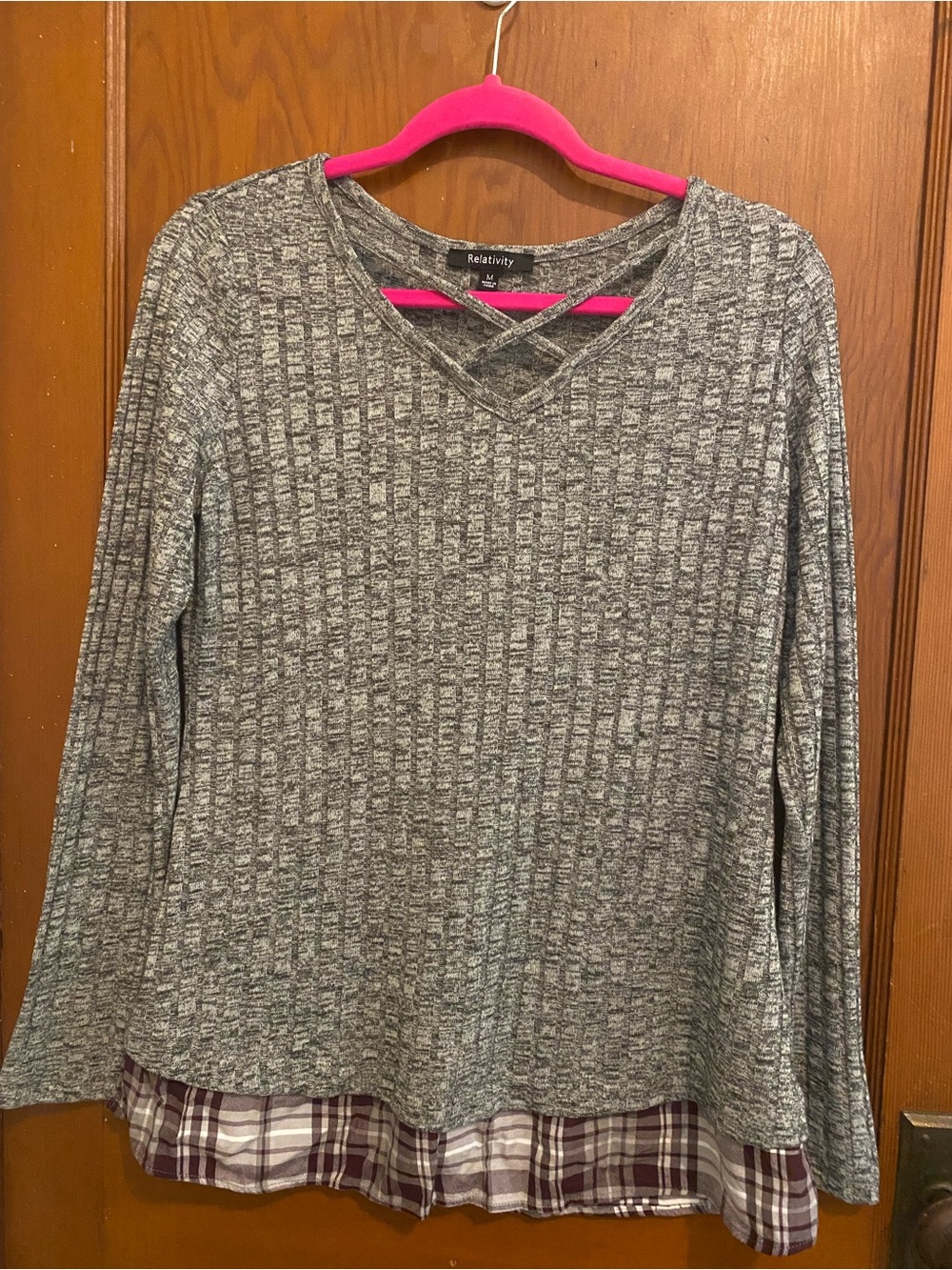 Preppy Y2K Knit Long Sleeve Shirt with Plaid Detail